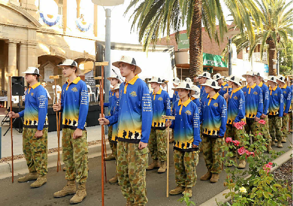Cadets re-enact the March of the Dungarees from the Warwick Town Hall. Cadets re-enact the March of the Dungarees from the Warwick Town Hall.